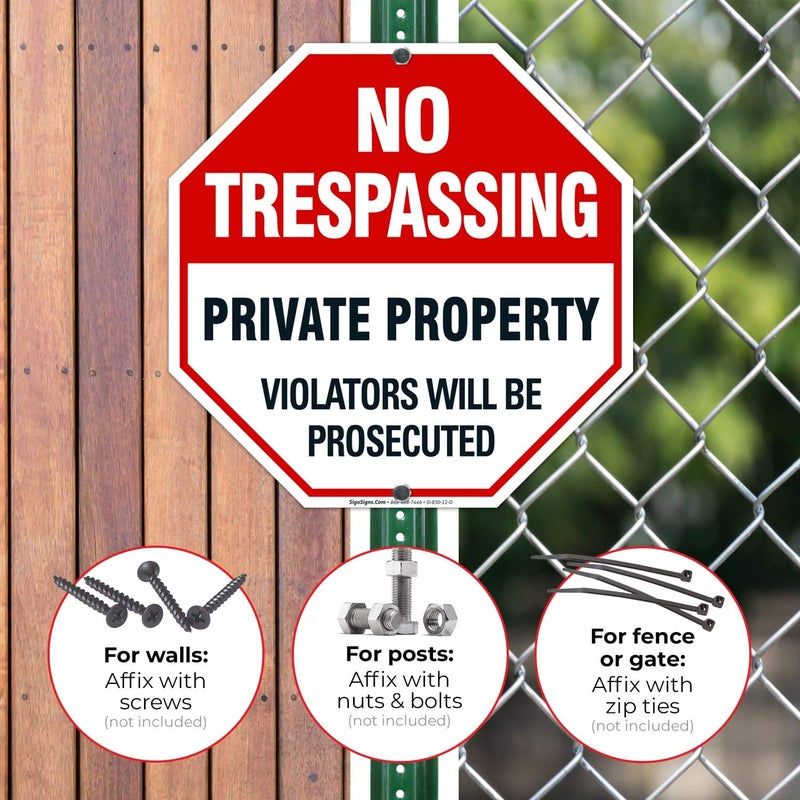 Sigo Signs 4 Pack No Trespassing, Private Property Sign, 12x12 Heavy 0.40 Aluminum, UV Protected, Long Lasting Weather/Fade Resistant, Easy Mounting, Indoor/Outdoor Use, Made in USA - Image 4